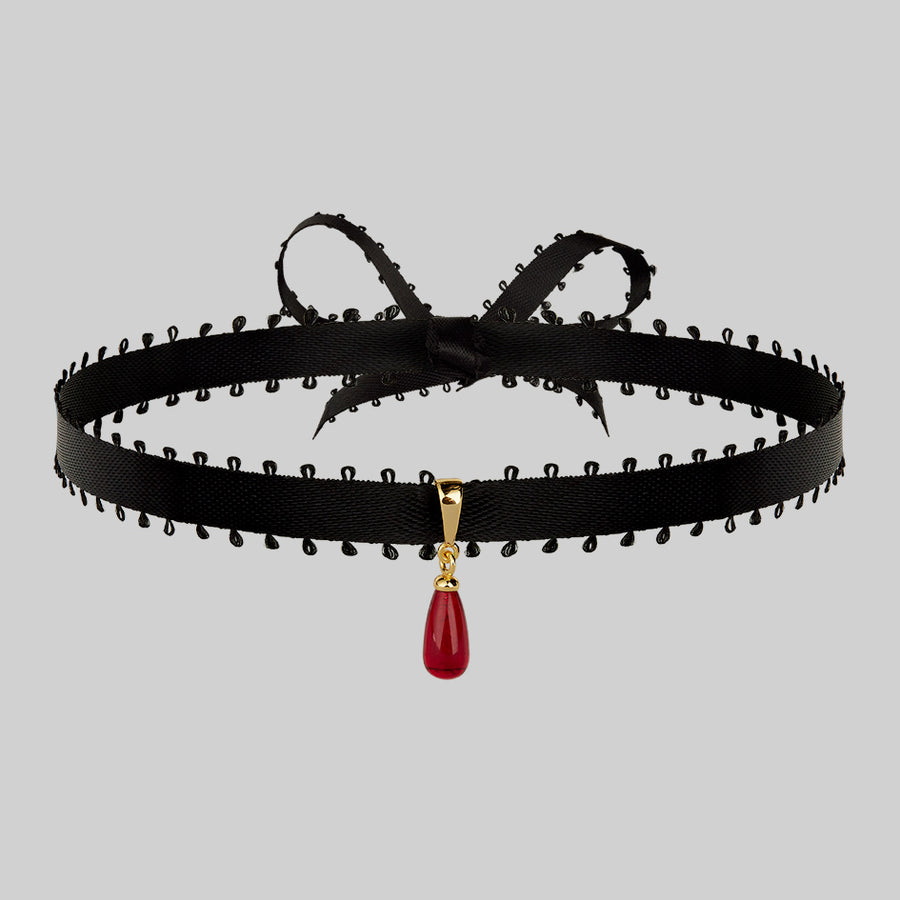 SORROW. Red Glass Droplet Ribbon Choker - Gold gothic satin ribbon choker necklace