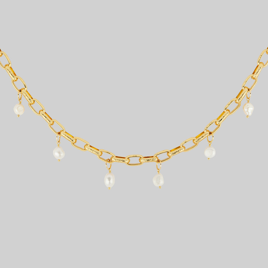 SOVEREIGN. Ornate Link Pearl Collar - Gold freshwater pearl drop chain necklace