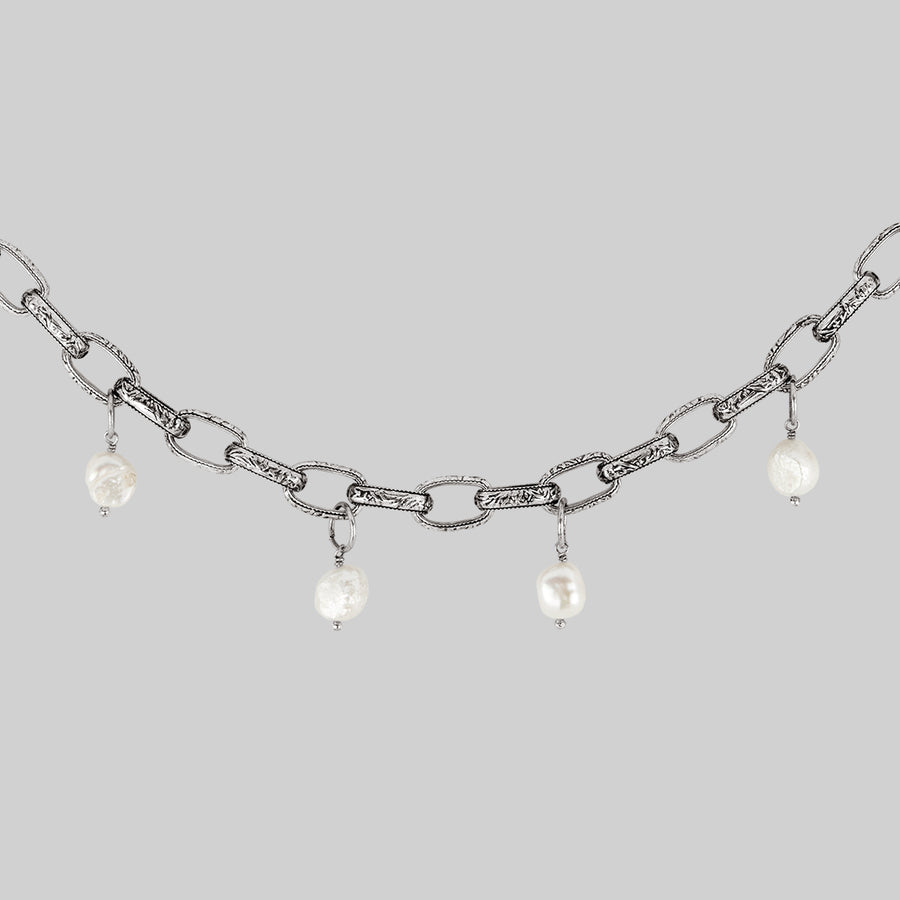SOVEREIGN. Ornate Link Pearl Collar - Silver silver ornate link and pearl drop choker