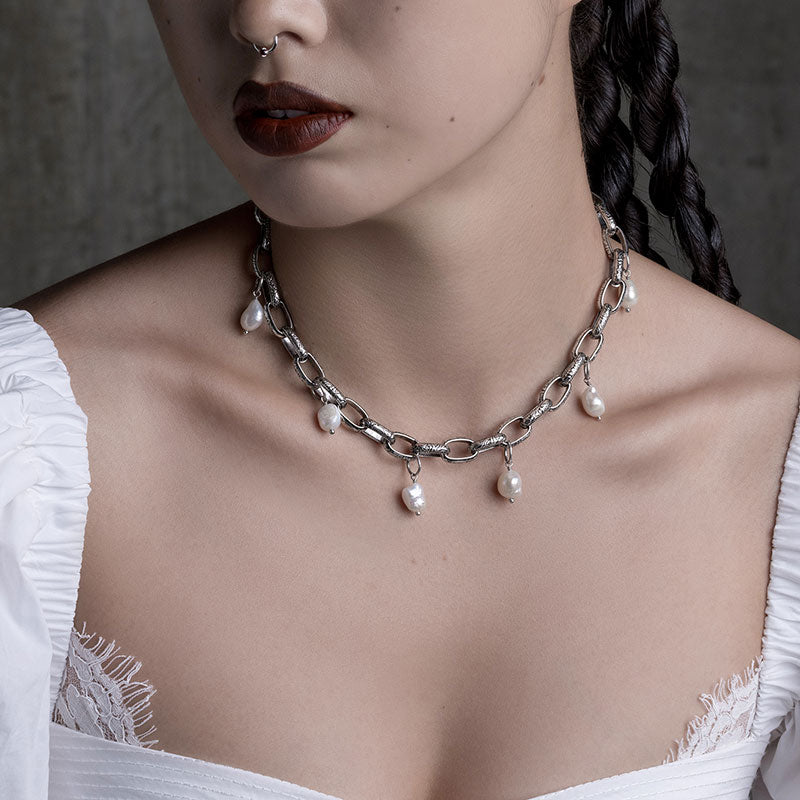 fancy link chain choker with freshwater pearl drops