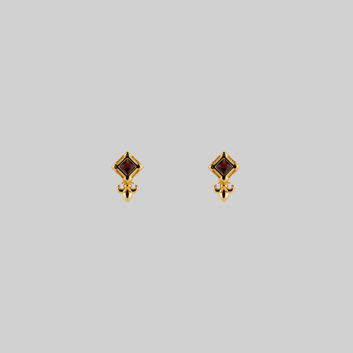gold tiny fleur-de-lis garnet stud earrings