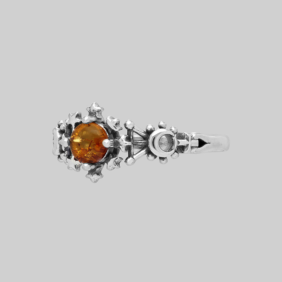Silver gothic celestial amber sun moon gemstone ring