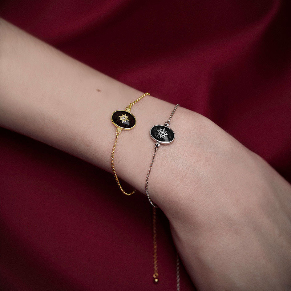 Silver oval black enamel gothic dainty skull bracelet