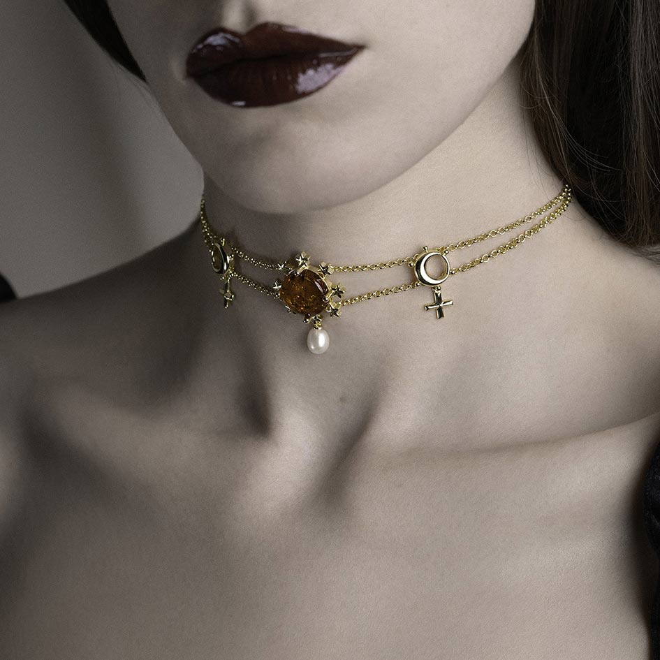 Celestial flaming sun gold pearl gothic choker