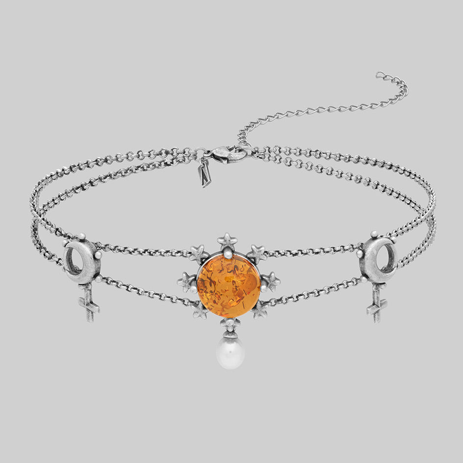 Flaming sun amber gemstone celestial silver choker