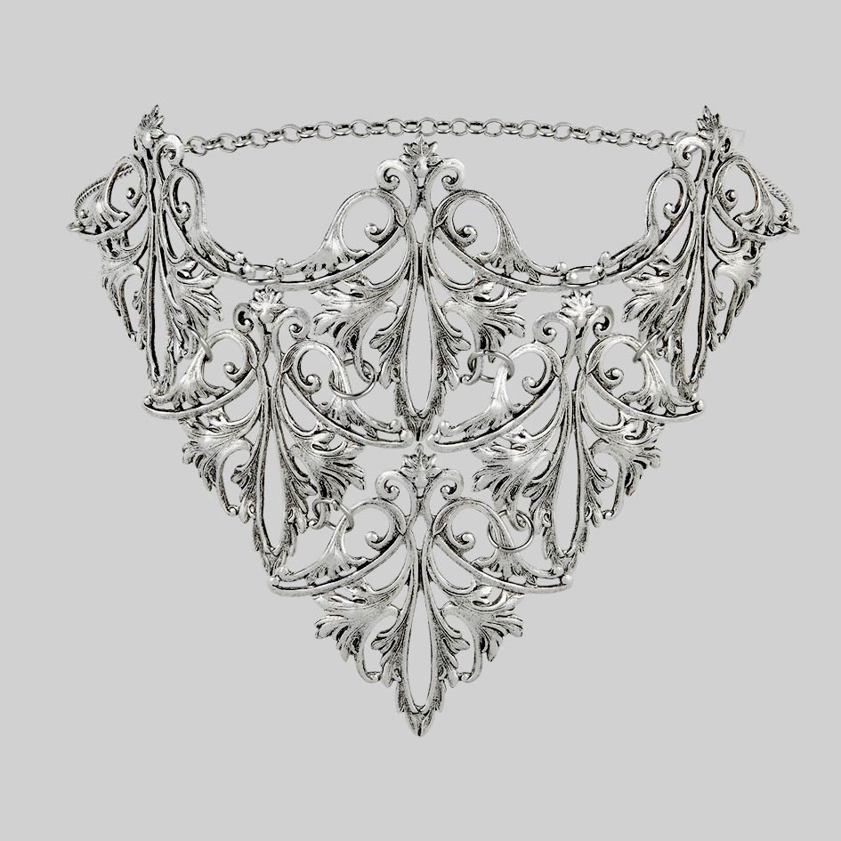 filigree leaf ornate gothic cascading choker silver