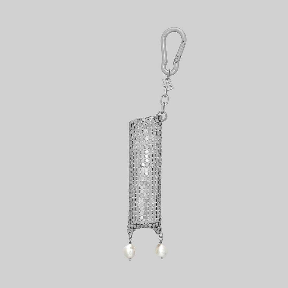 Thea rhodium plated armoured keyring pouch with pearl drops