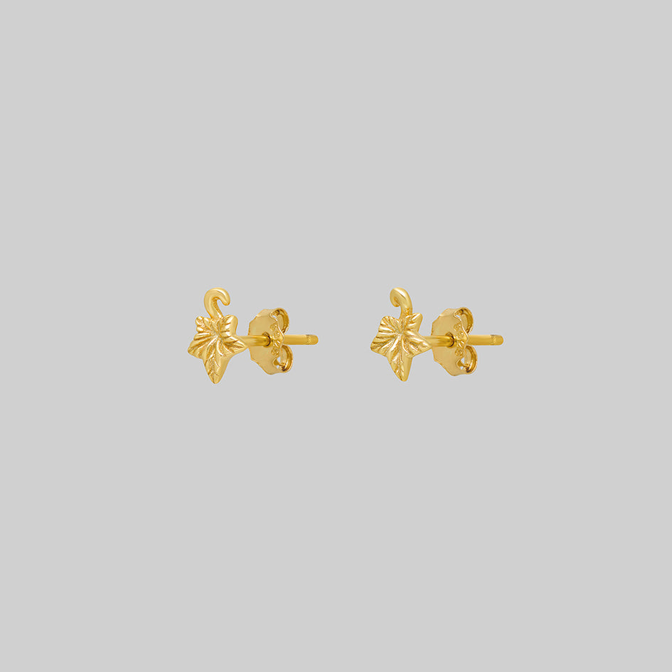 Gold tiny ivy leaf stud earrings, pair with butterfly backs