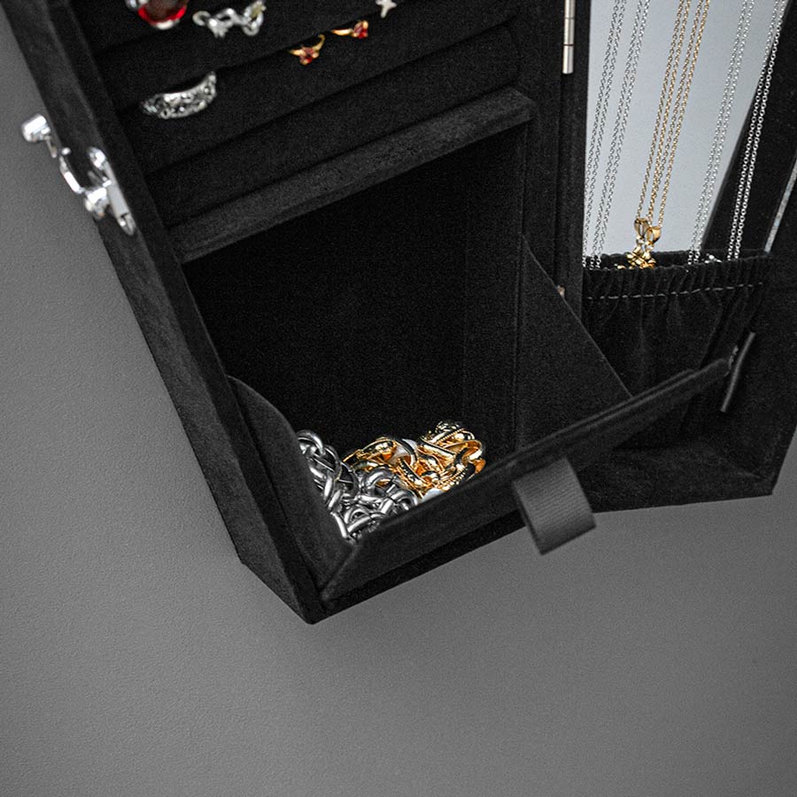 The Black Velvet Coffin Jewellery Cabinet open black velvet coffin cabinet open door