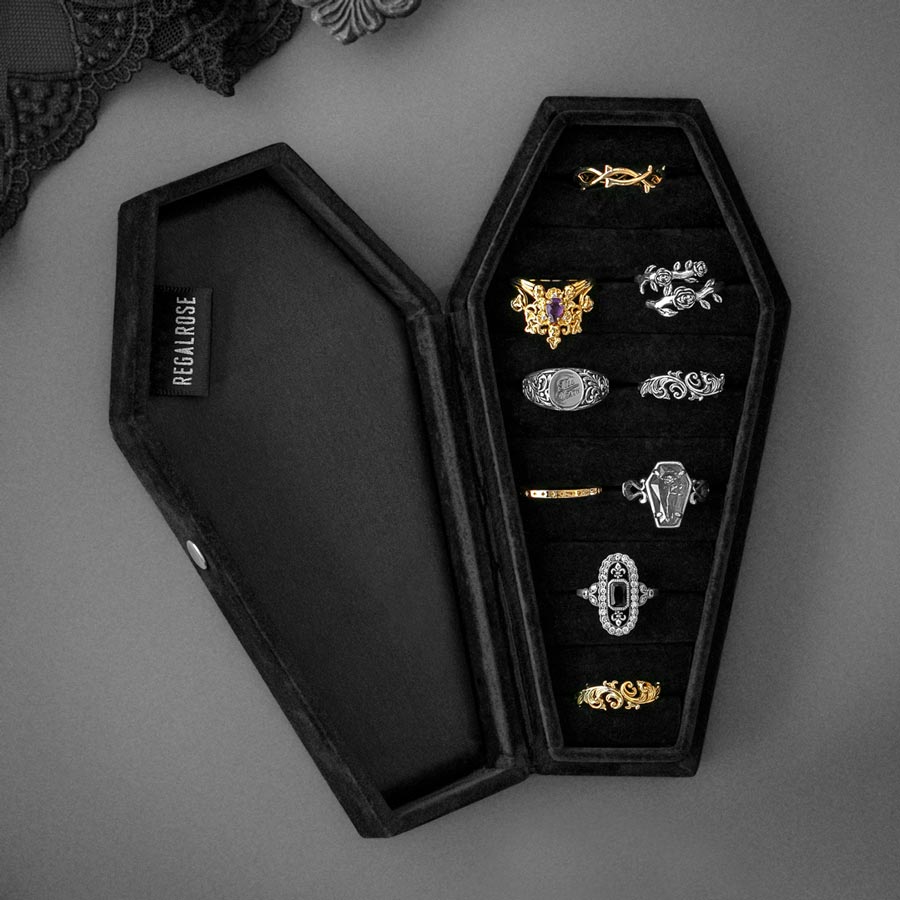 The Black Velvet Coffin Ring Case black velvet coffin case with silver gold rings zoomed out