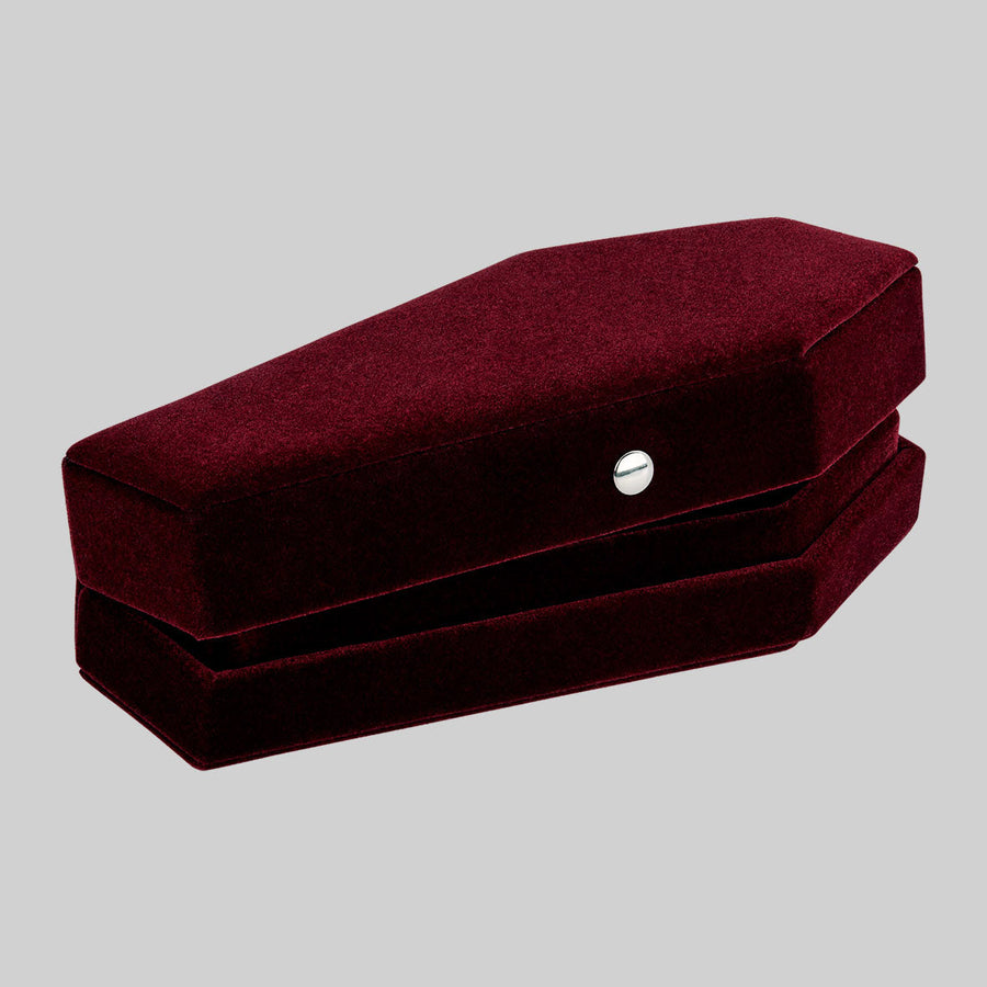 The Crimson Red Velvet Coffin Ring Case red velvet coffin ring case open