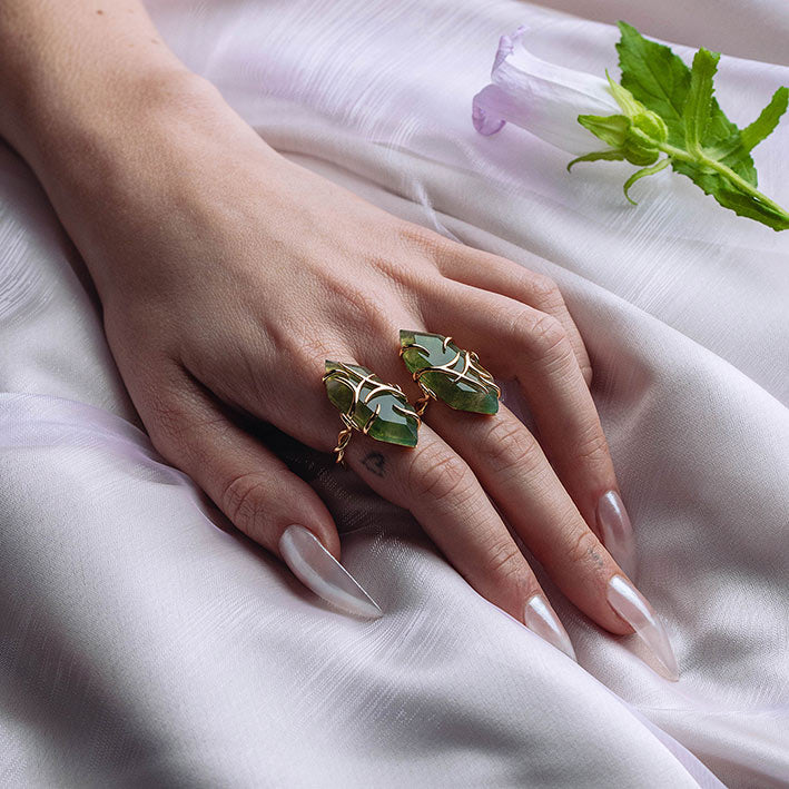 The Swamp Roots Gemstone Ring - Gold moss agate oversized gemstone gold ring