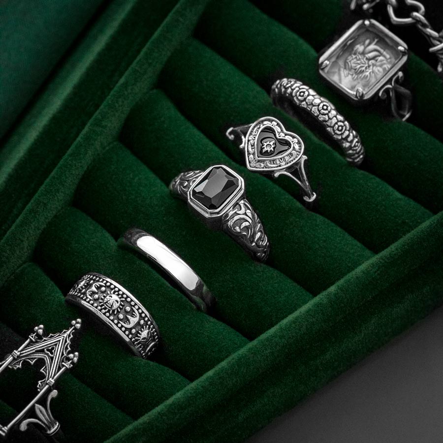 The Moss Green Velvet Coffin Ring Case green velvet coffin ring case close up silver