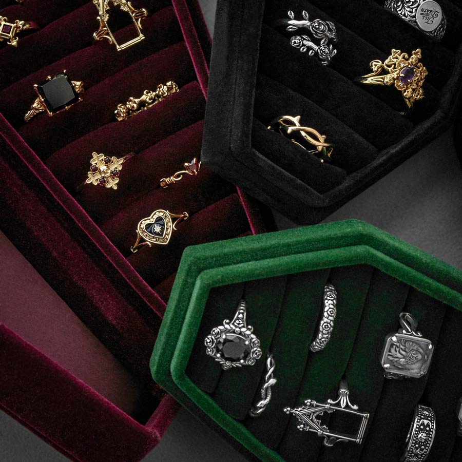 The Crimson Red Velvet Coffin Ring Case green red black velvet coffin ring case close up