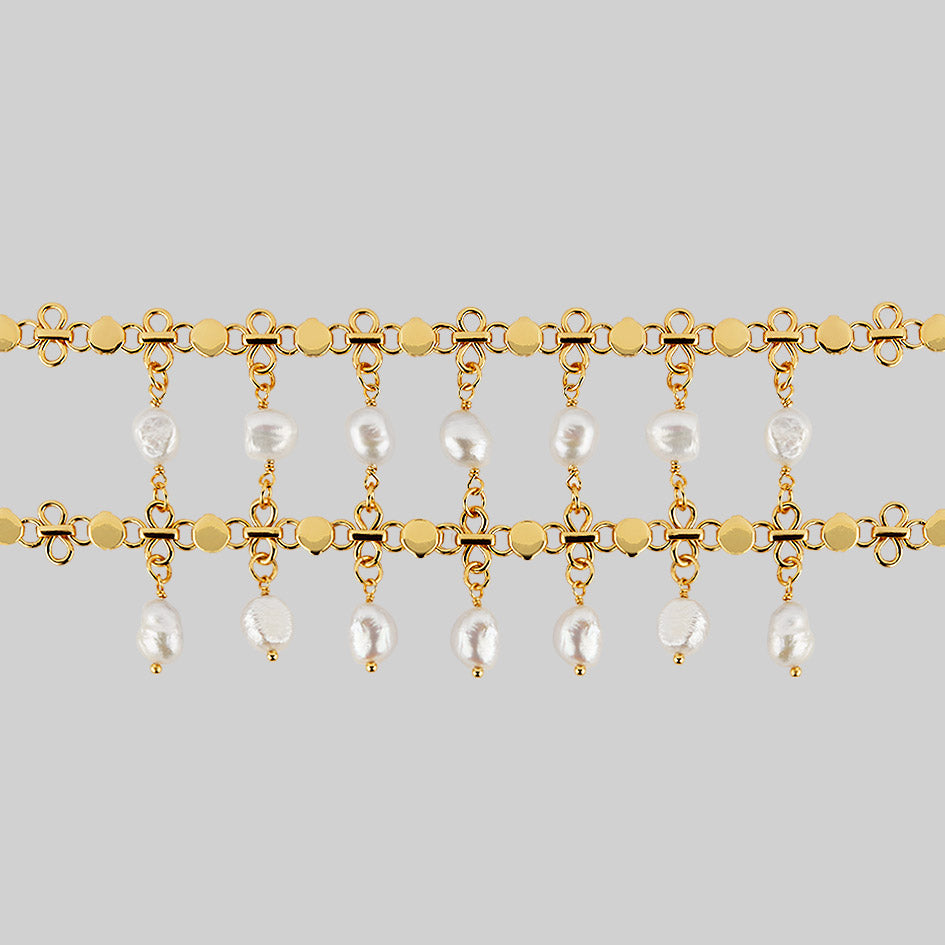 gold double chain choker with freshwater pearl drops