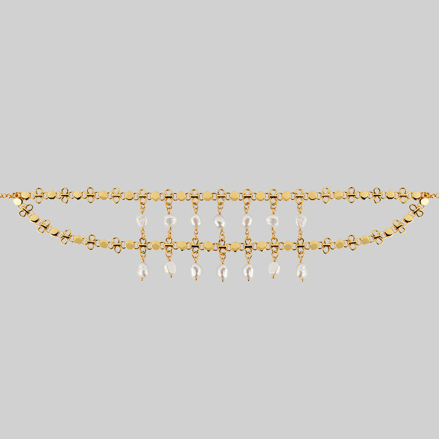 VALOUR. Double Chain Pearl Drop Choker - Gold gold pearl drop chain choker