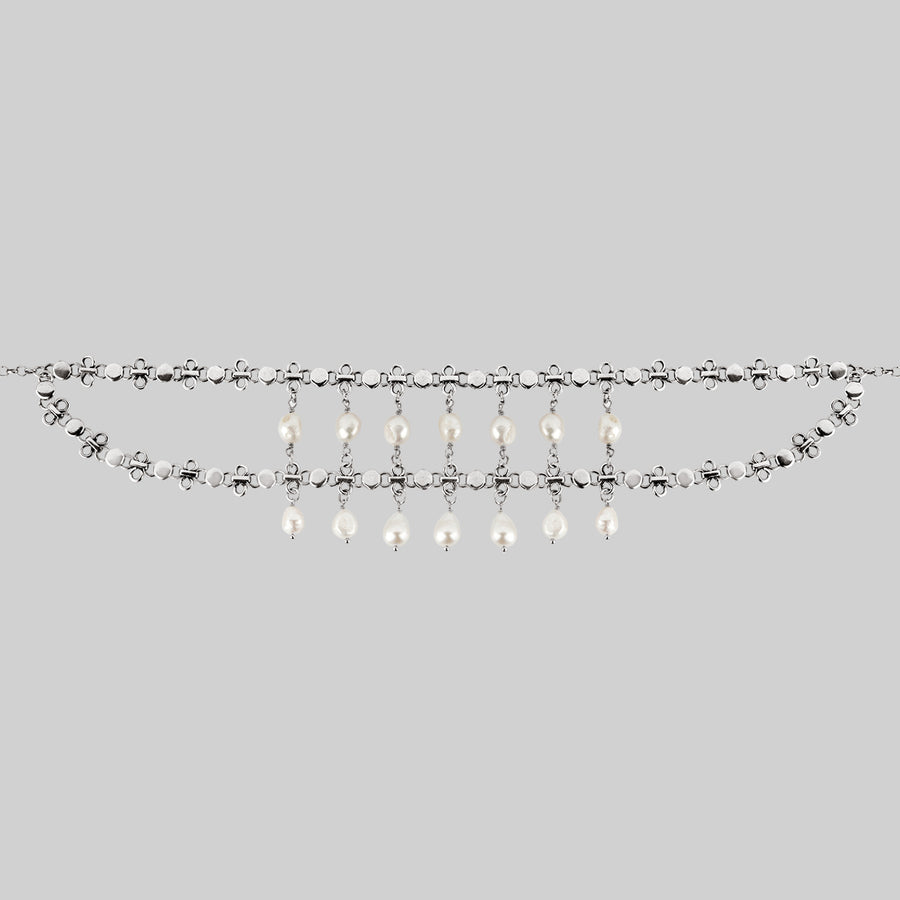 VALOUR. Double Chain Pearl Drop Choker - Silver freshwater pearl drop double silver chain choker