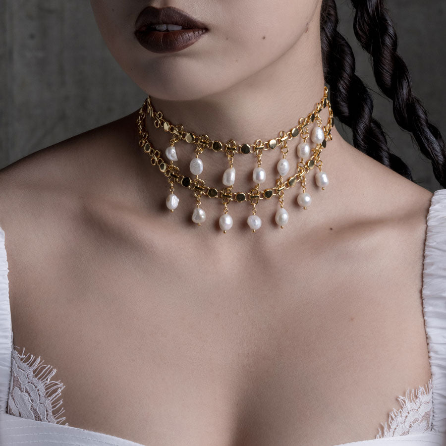 VALOUR. Double Chain Pearl Drop Choker - Gold wide double chain choker with ivory pearl drops