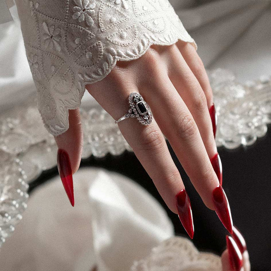 VANYA. Vampesque Black Onyx Ring - Silver silver vampesque fleur-de-lis black onyx cz ring