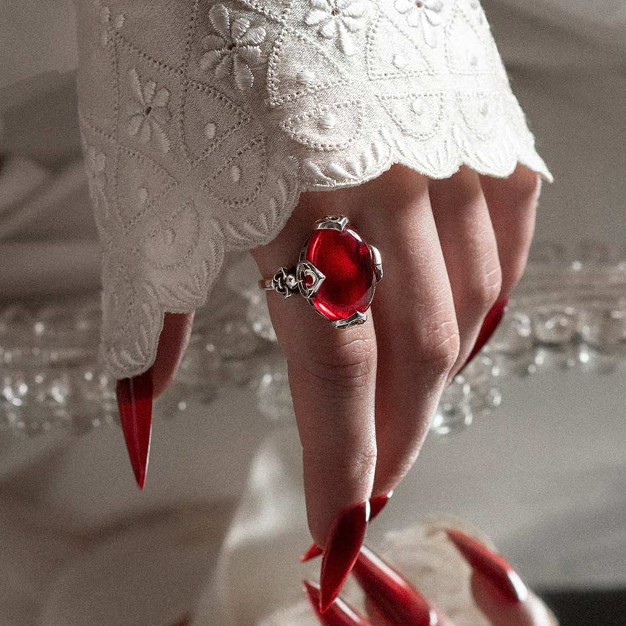 VEIN. Vampesque Gothic Red Glass Ring - Silver large red cabochon statement ring with fleur de lis