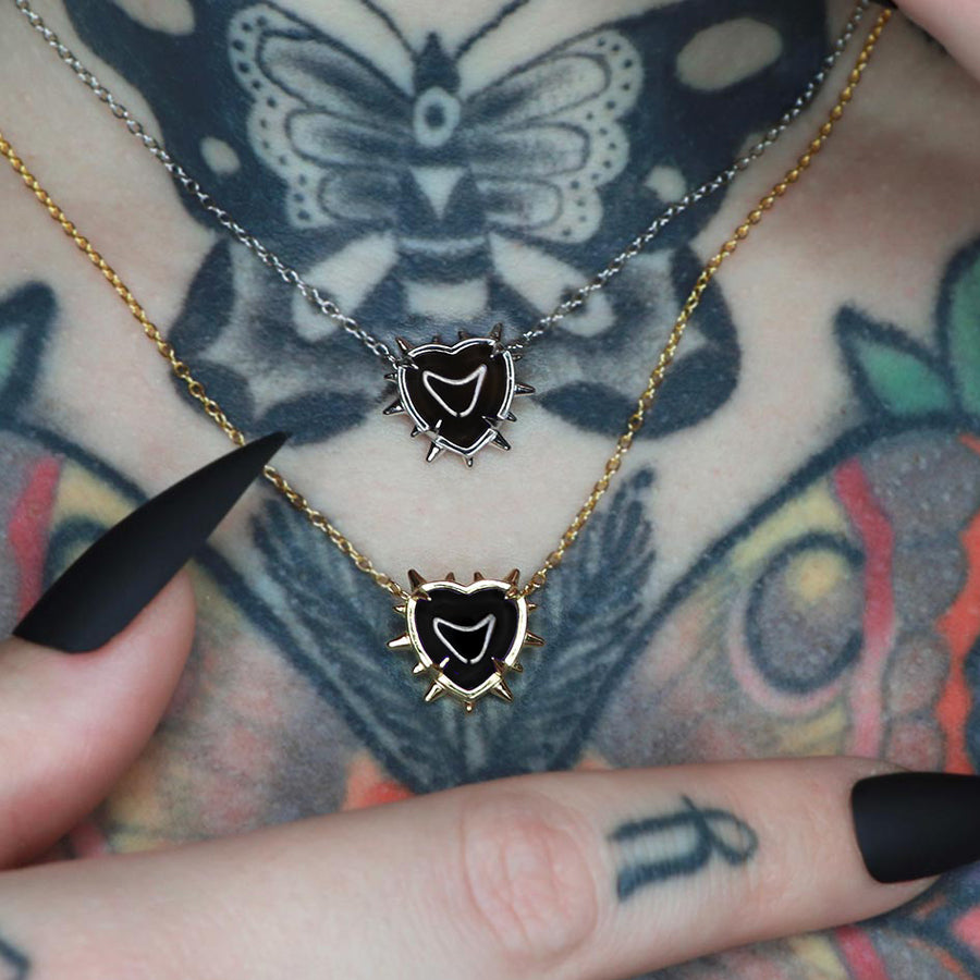 VOID. Spiked Black Glass Heart Necklace - Silver Black heart with spikes necklace