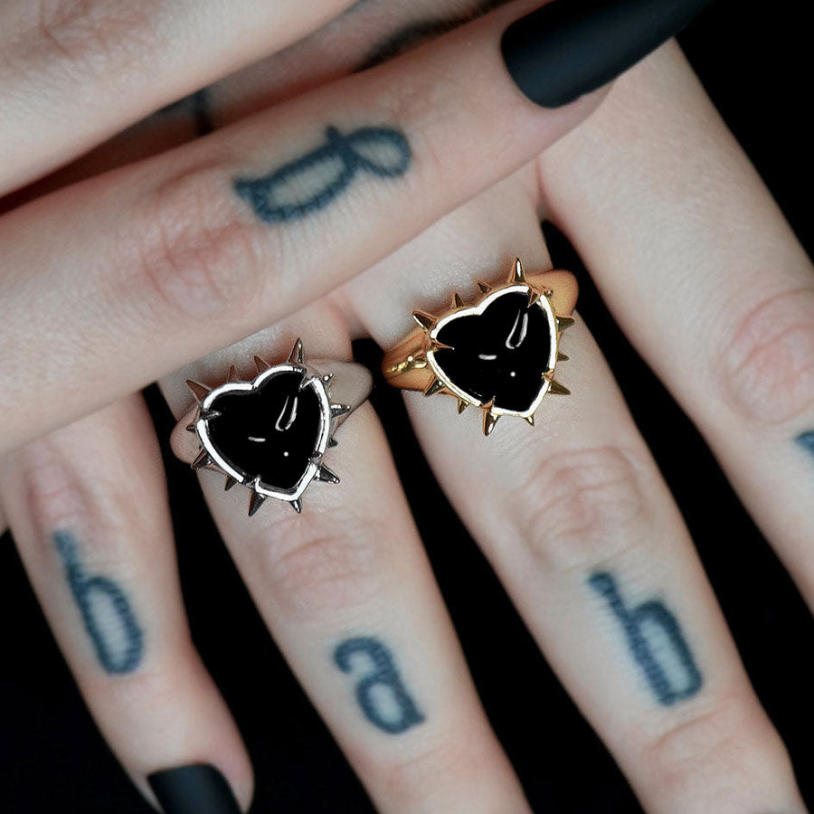 VOID. Spiked Black Glass Heart Ring - Gold black heart with spikes ring