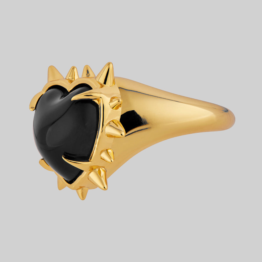 VOID. Spiked Black Glass Heart Ring - Gold gold ring with black heart