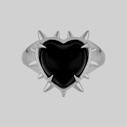 VOID. Spiked Black Glass Heart Ring - Silver