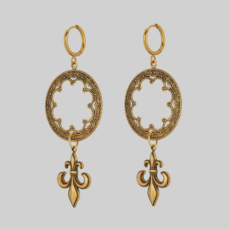 VOW. Gothic Fleur de Lis Hoop Earrings - Gold gold gothic statement earrings with fleur de lis