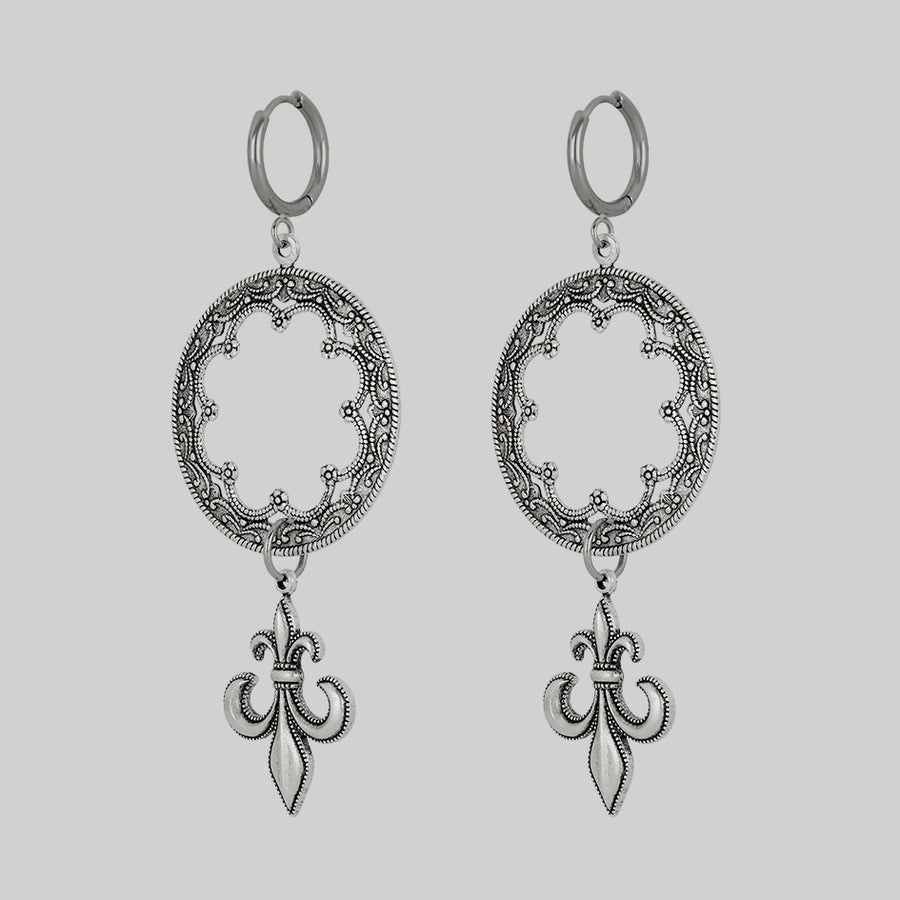 VOW. Gothic Fleur de Lis Hoop Earrings - Silver lightweight gothic detailed statement earrings with fleur de lis silver
