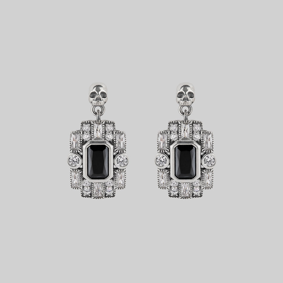 skull black spinel statement silver earrings