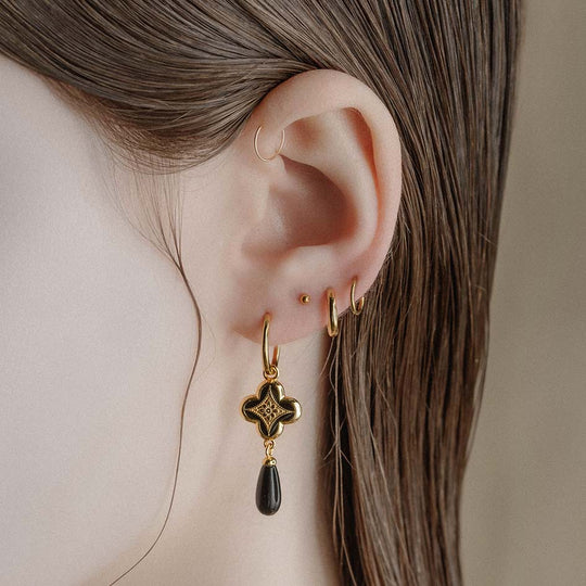 ANNIE. Tudor Crest Black Enamel Hoop Earrings - Gold