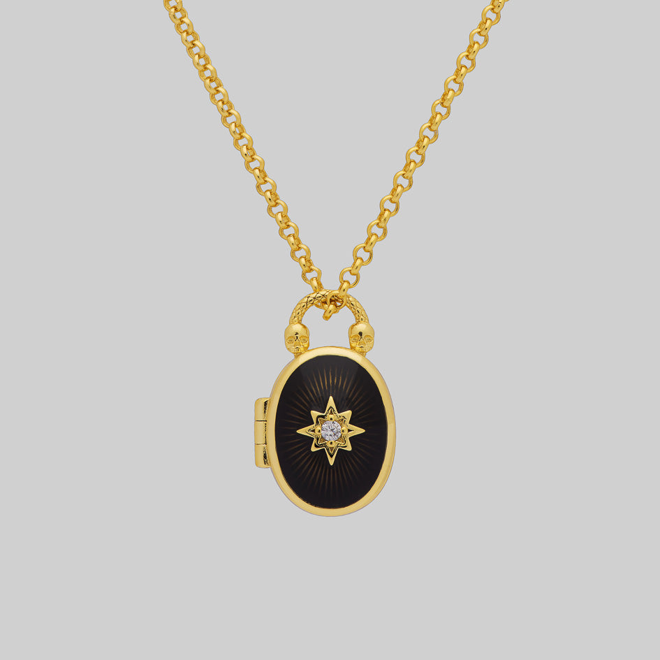 Gothic black enamel oval georgian-inspired locket chain gold