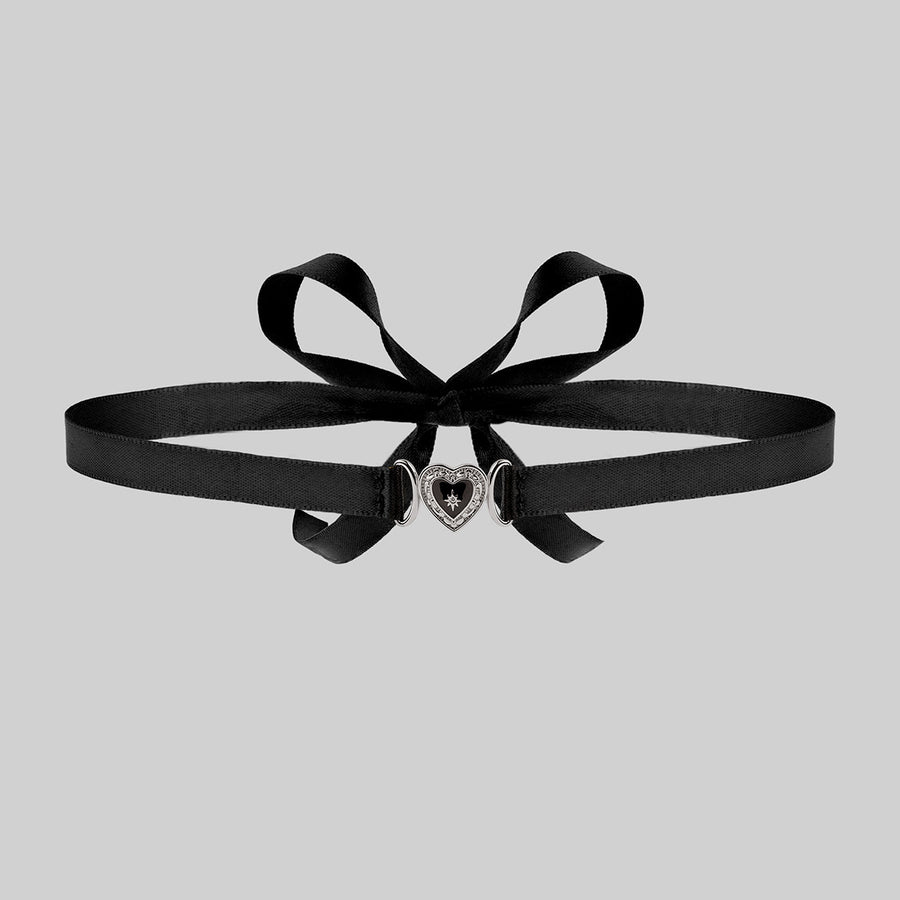 SOLEMN. Black Enamel Heart Satin Choker - Silver SOLEMN. Black Enamel Heart Satin Choker - Silver
