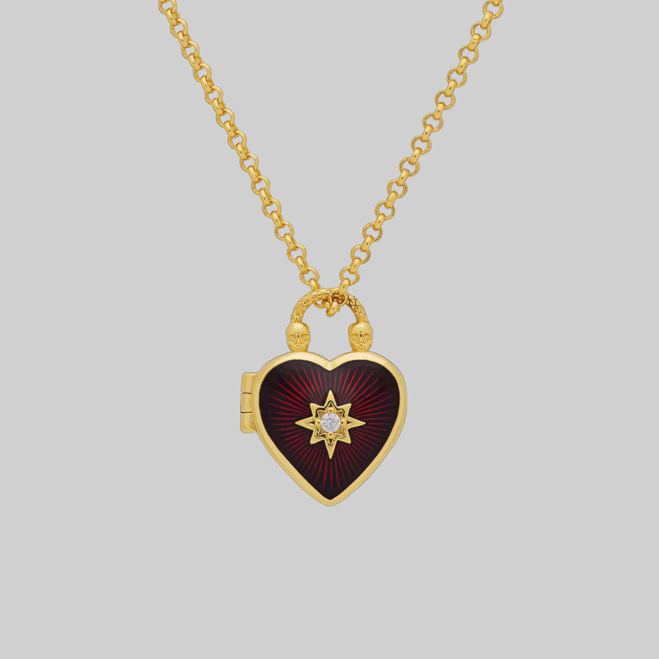 Gothic heart red enamel locket chain necklace gold