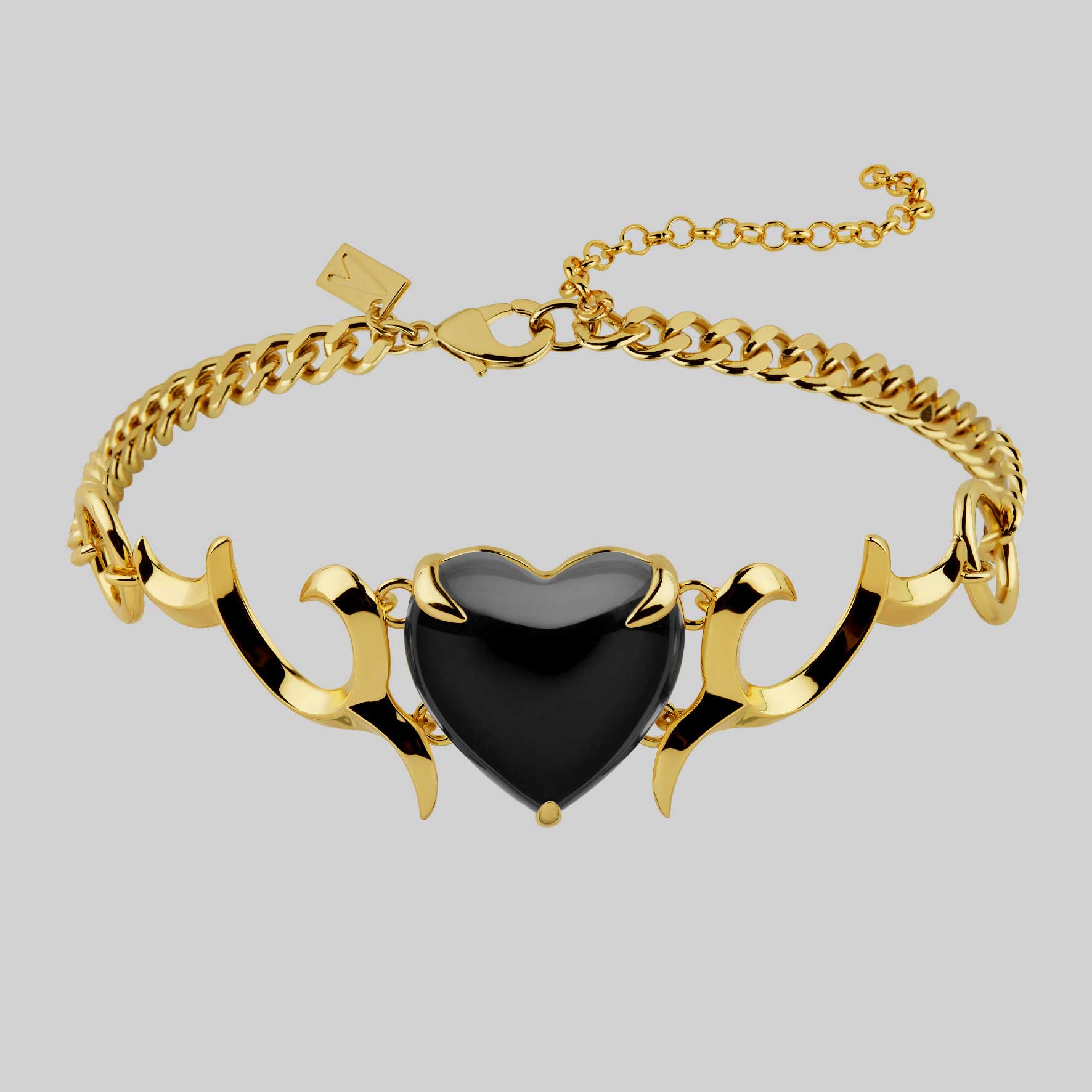 gold choker with black obsidian heart detail gothic alternative jewellery