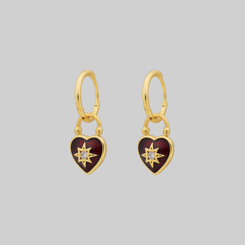 Gold gothic red enamel heart shaped padlock hoop earrings