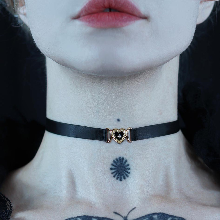SOLEMN. Black Enamel Heart Satin Choker - Gold SOLEMN. Black Enamel Heart Satin Choker - Gold