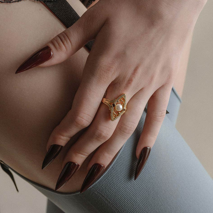 gold art deco pearl statement ring