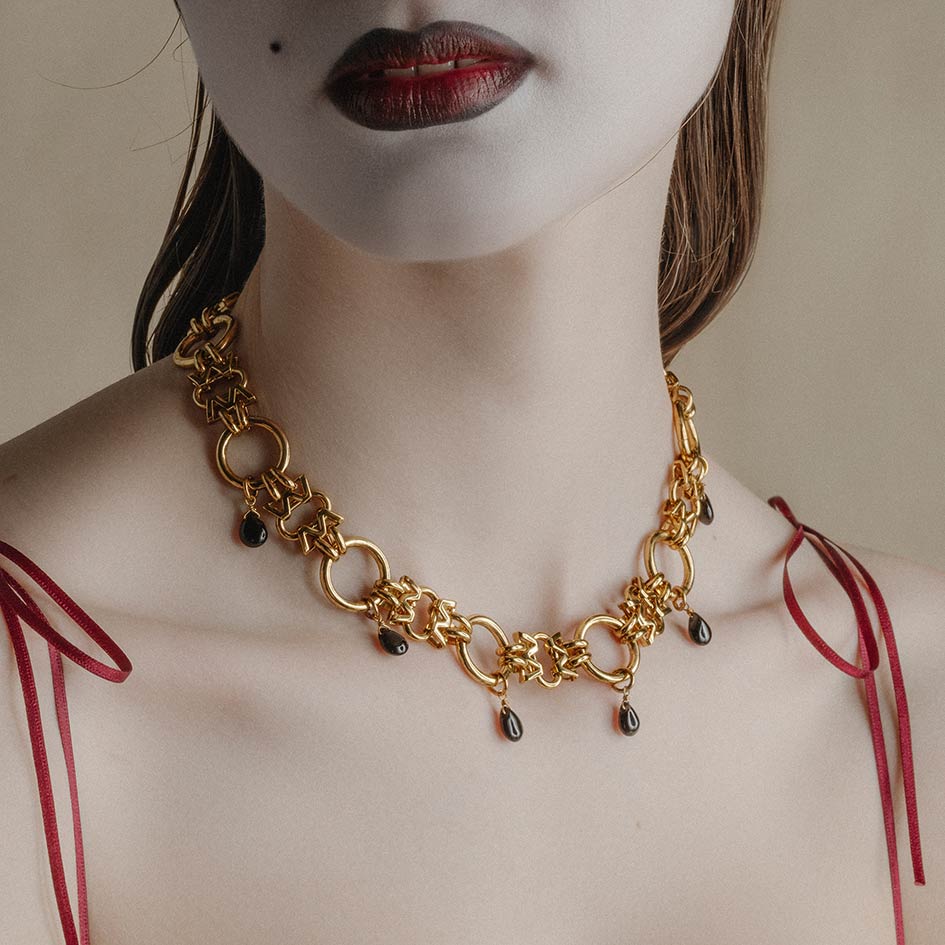 gold black agate gothic chunky chain necklace