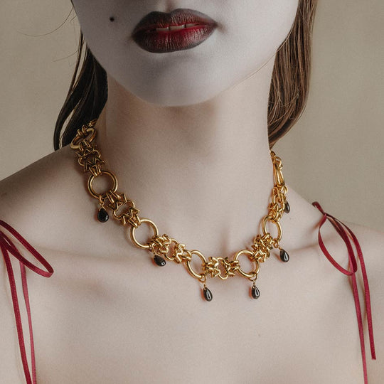 CELIA. Black Agate Droplet Chain Collar - Gold