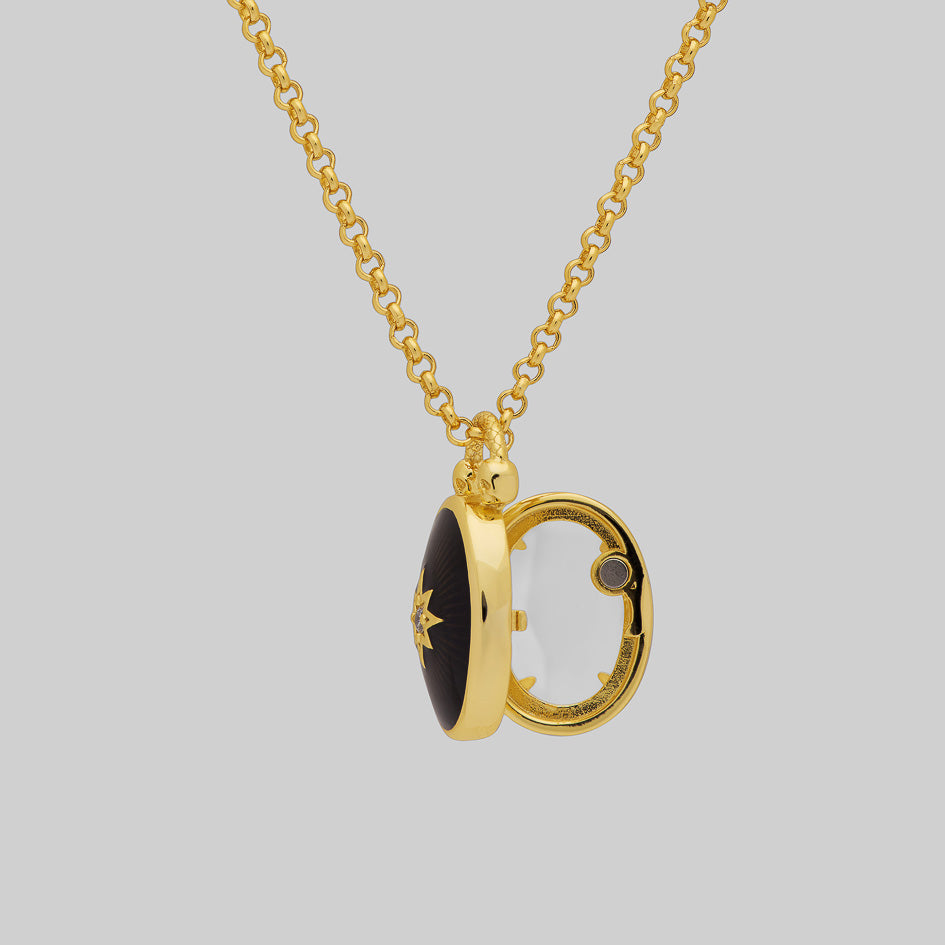 Gold gothic oval black enamel georgian-inspired locket chain necklace