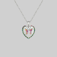 glass heart butterfly necklace silver