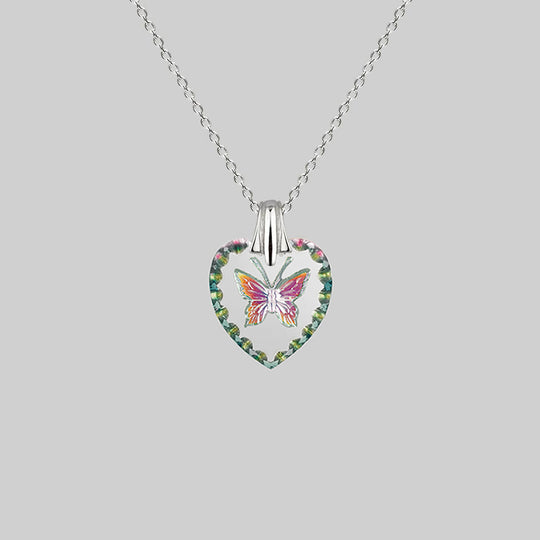 NEW DAWN. Butterfly Engraved Glass Heart Necklace - Silver