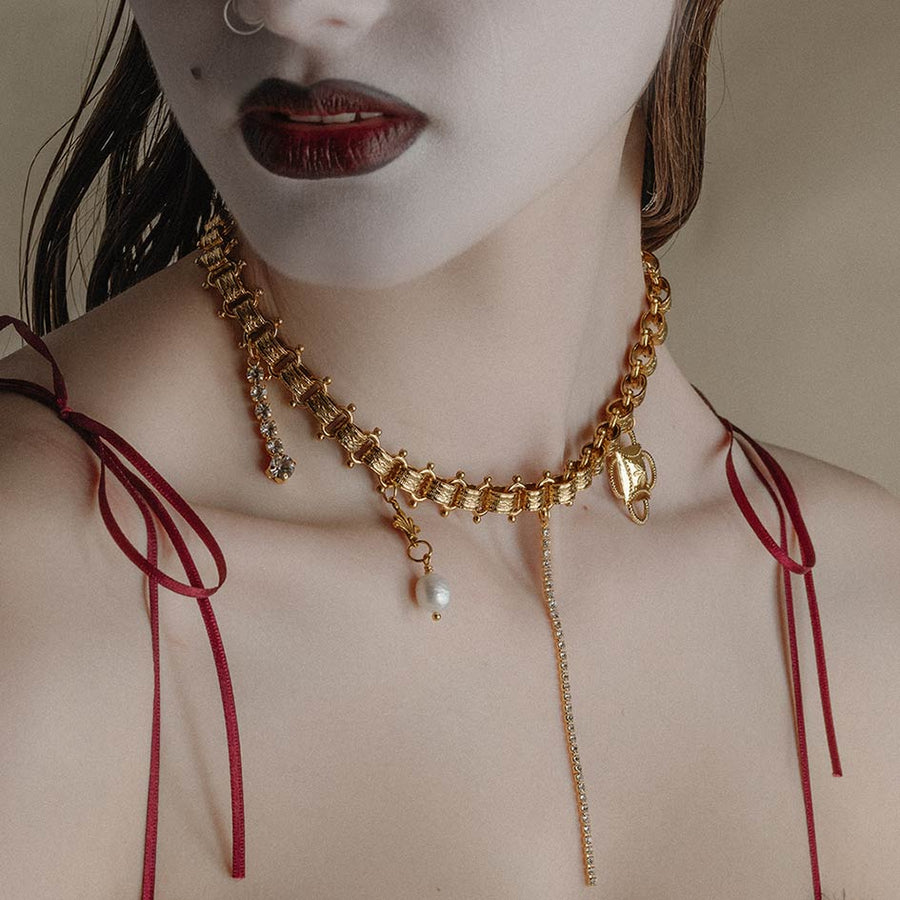 LALA. Decadent Charm Collar - Silver gold charm trinket book chain necklace