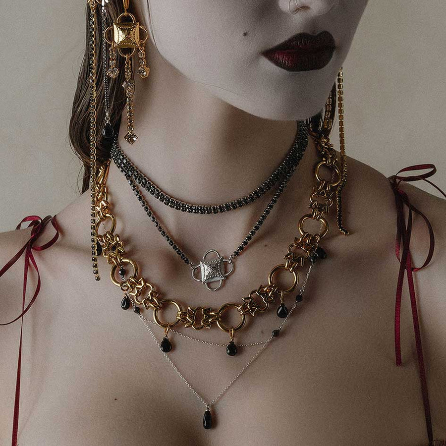 CELIA. Black Agate Droplet Chain Collar - Silver silver and gold layered gothic necklaces worn by model