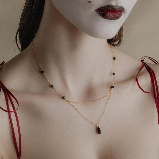 LEONA. Black Glass Droplet Necklace - Gold