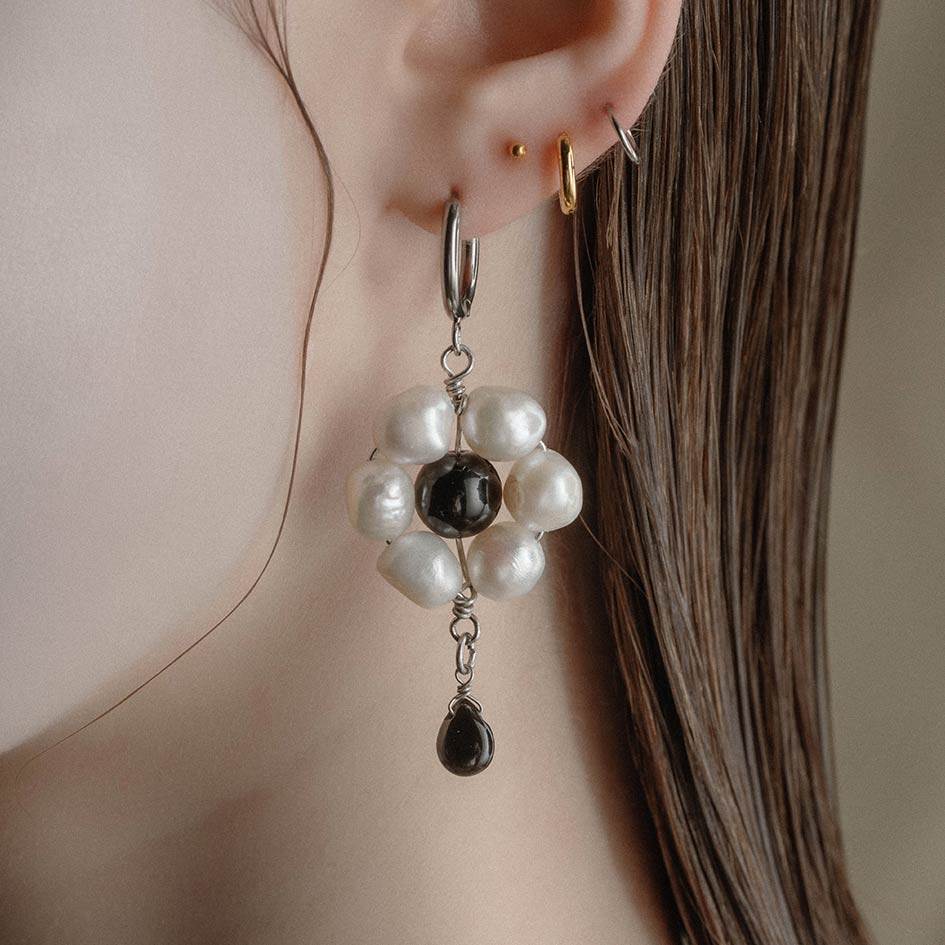 silver pearl floral bead hoop earrings