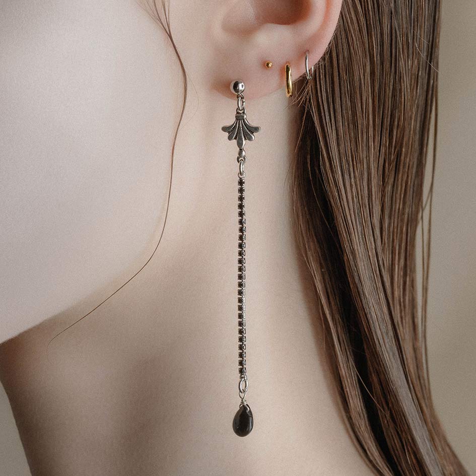silver vintage inspired black gothic long earrings