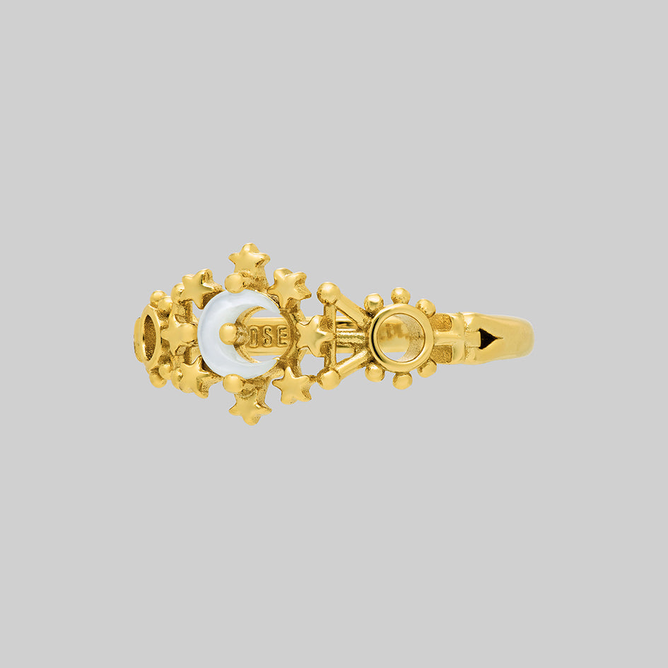 gold crescent moon pearl lunar cosmic ring